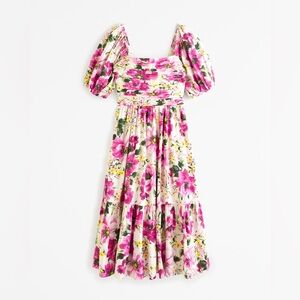 NWT A&F Emerson Linen-Blend Puff Sleeve Midi Dress Pink Floral Small Petite
